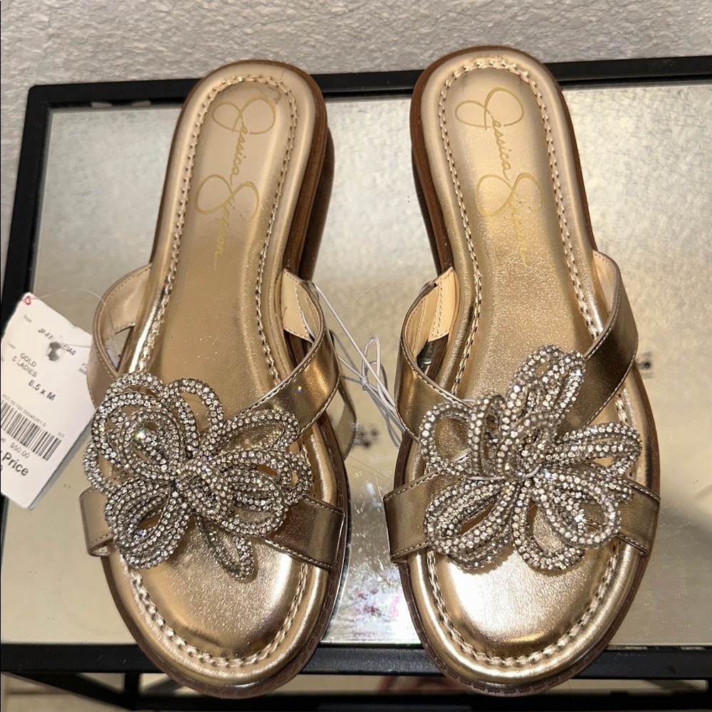 Jessica Simpson Gold Sandals with Rhinestone Embellishment